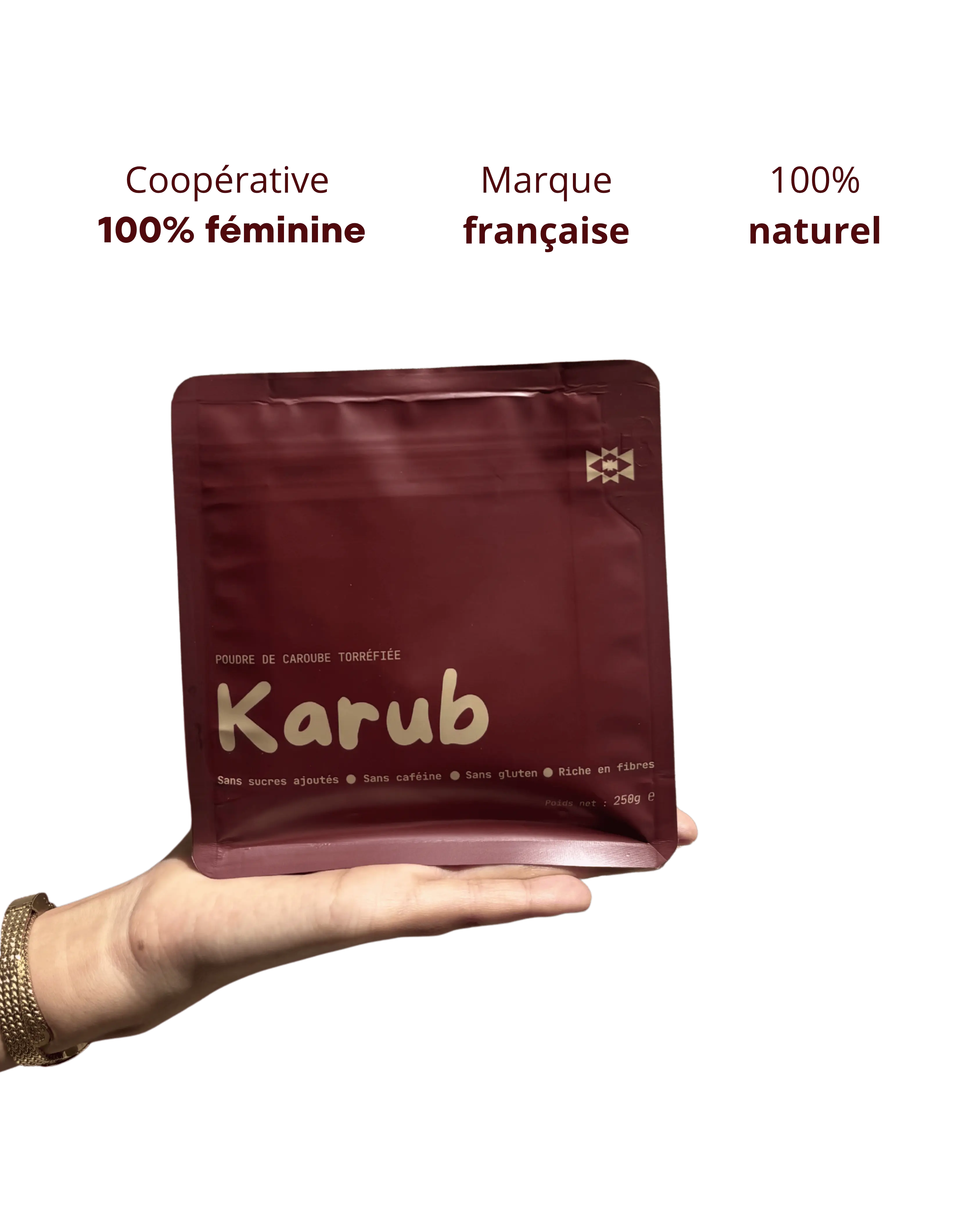 sachet poudre de caroube avec ecrit 100 pourcent naturel, cooperative 100 pourcent feminine et marque française